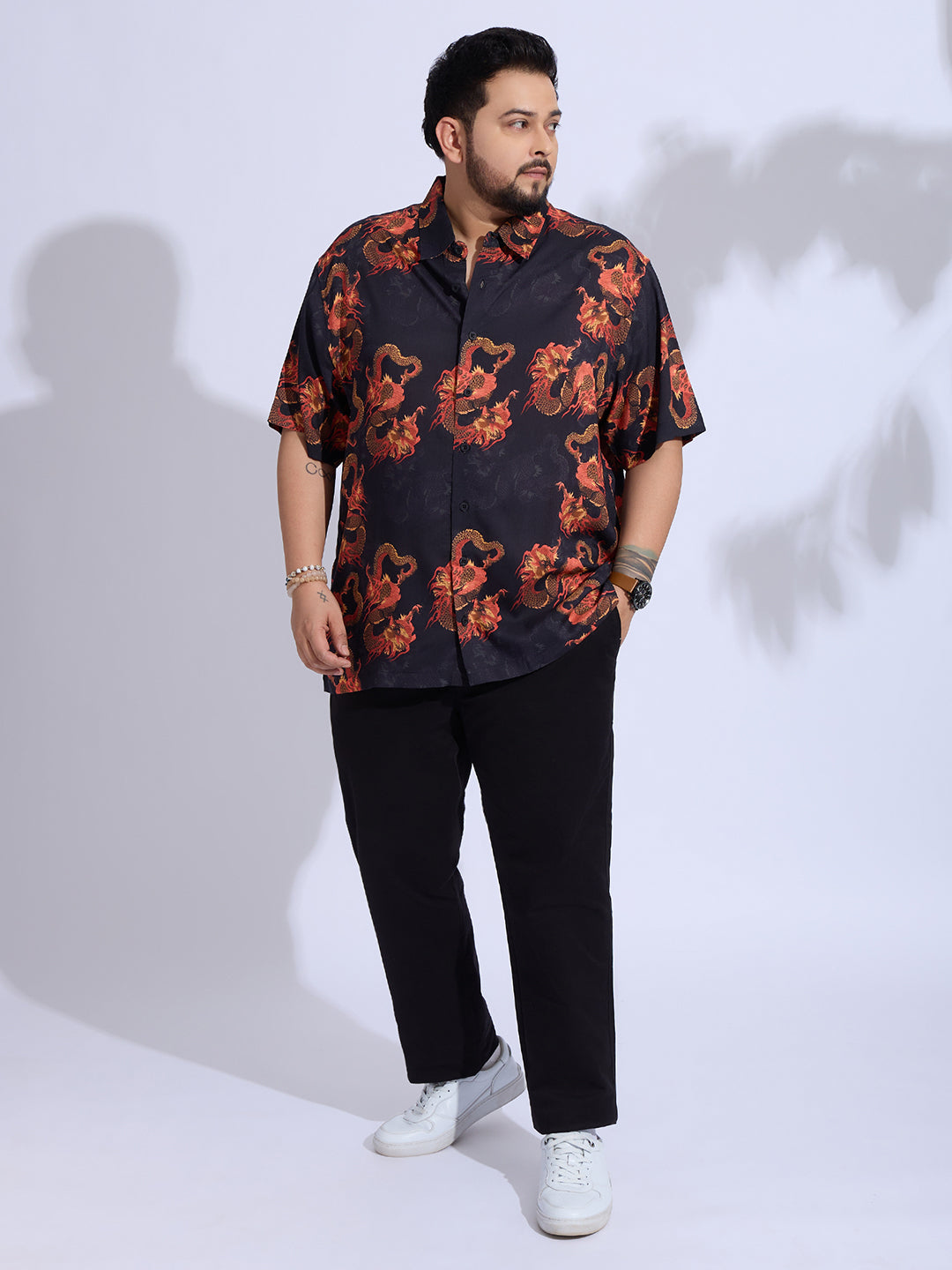 Plus Size Cotton Reyon Printed Regular Fit Smart Casual Shirt - Black
