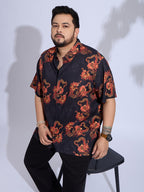 Plus Size Cotton Reyon Printed Regular Fit Smart Casual Shirt - Black