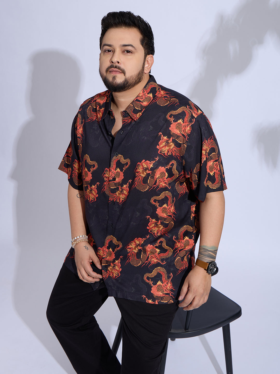 Plus Size Cotton Reyon Printed Regular Fit Smart Casual Shirt - Black