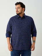 Plus Size Cotton Printed 1 Pocket Regular Fit Smart Casual Shirt - Navy