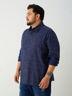 Plus Size Cotton Printed 1 Pocket Regular Fit Smart Casual Shirt - Navy