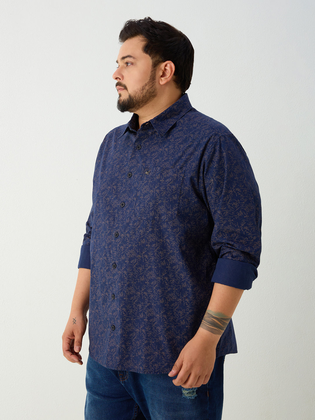 Plus Size Cotton Printed 1 Pocket Regular Fit Smart Casual Shirt - Navy