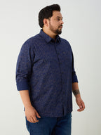 Plus Size Cotton Printed 1 Pocket Regular Fit Smart Casual Shirt - Navy