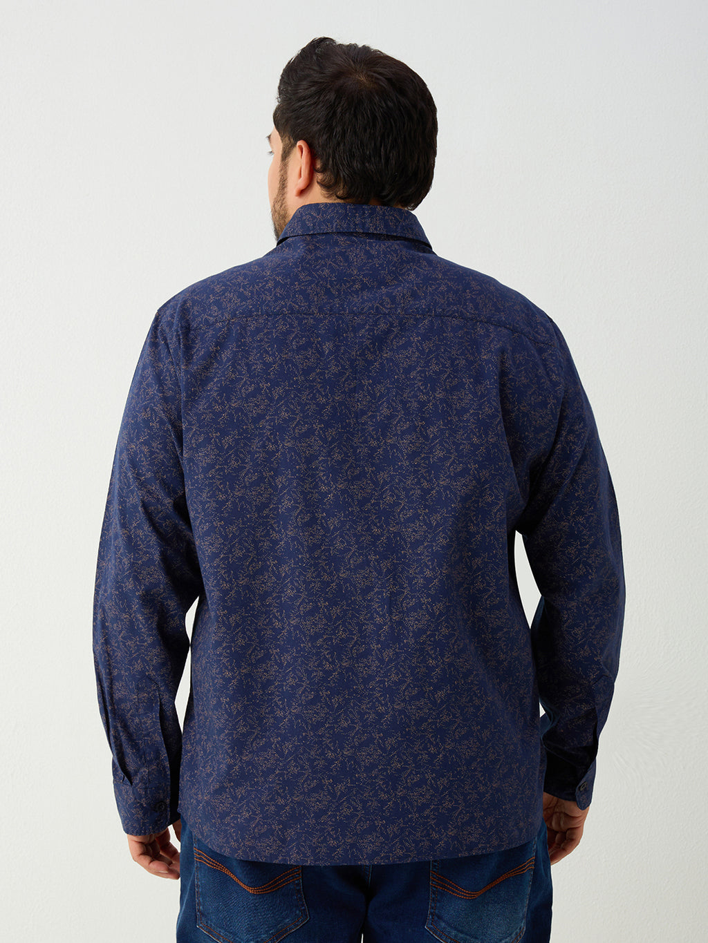 Plus Size Cotton Printed 1 Pocket Regular Fit Smart Casual Shirt - Navy