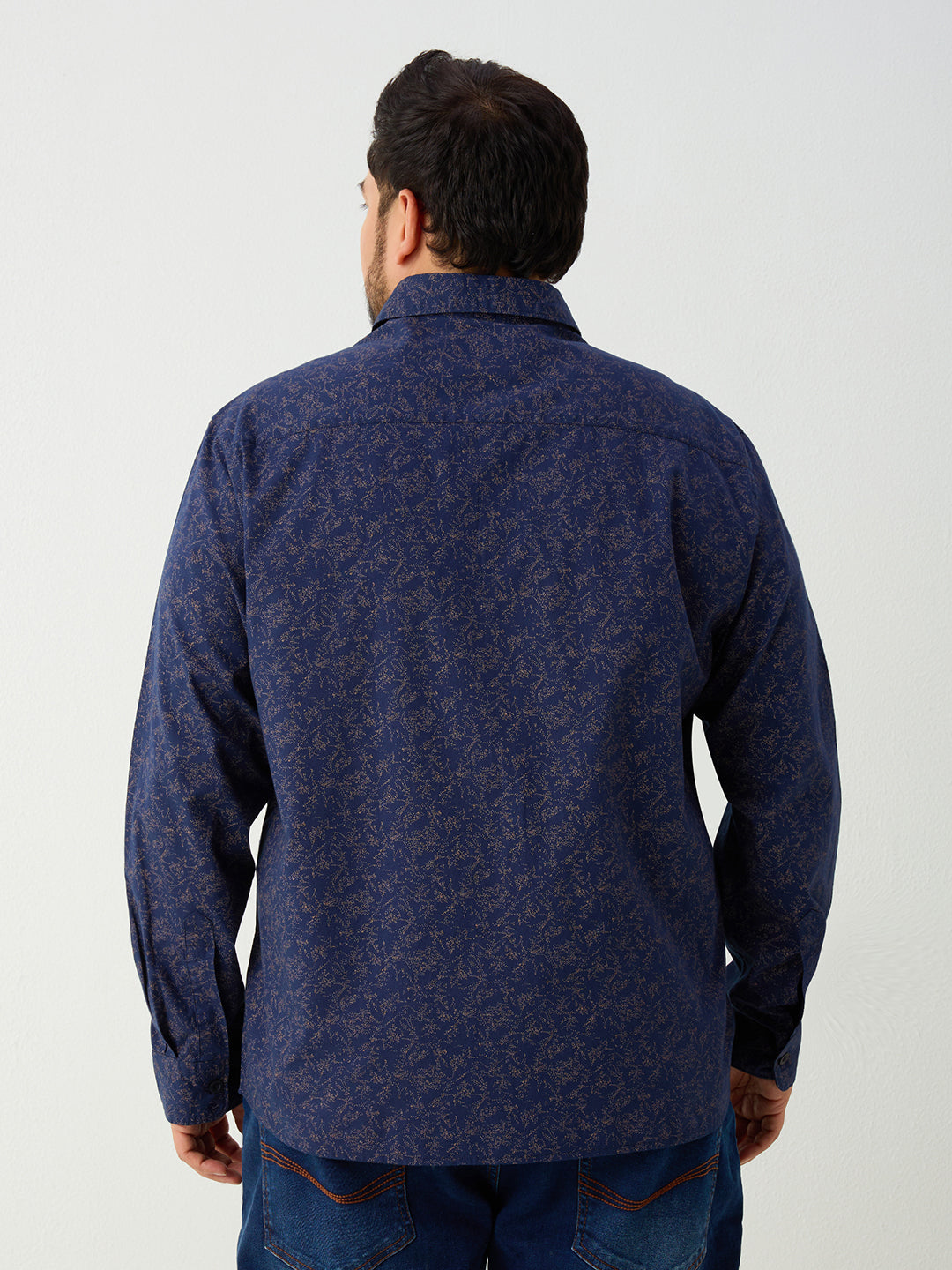 Plus Size Cotton Printed 1 Pocket Regular Fit Smart Casual Shirt - Navy