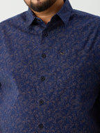 Plus Size Cotton Printed 1 Pocket Regular Fit Smart Casual Shirt - Navy