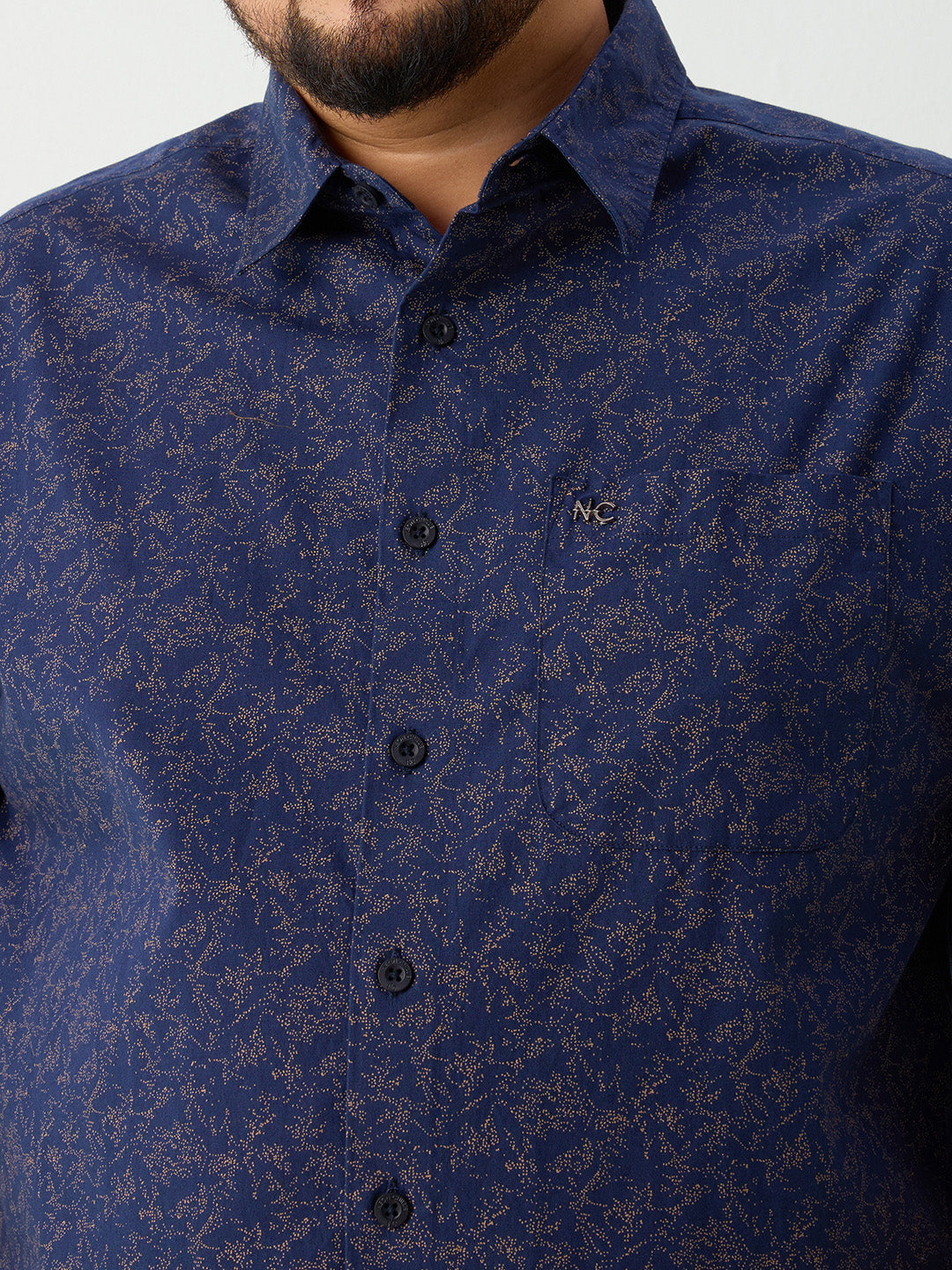 Plus Size Cotton Printed 1 Pocket Regular Fit Smart Casual Shirt - Navy
