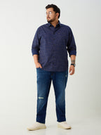 Plus Size Cotton Printed 1 Pocket Regular Fit Smart Casual Shirt - Navy