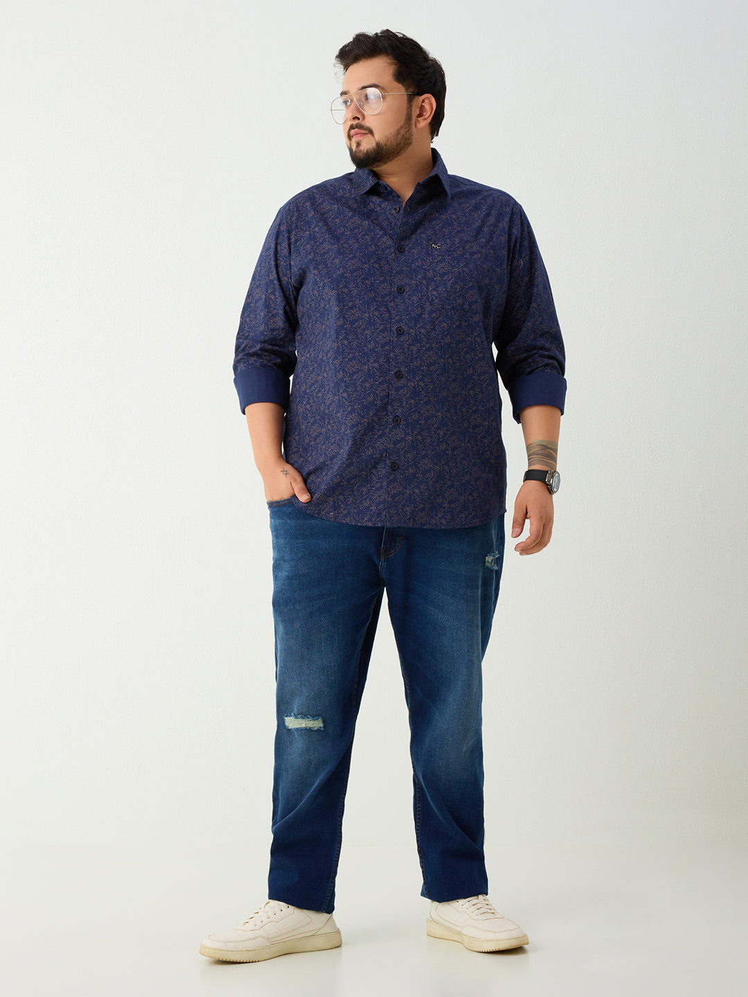Plus Size Cotton Printed 1 Pocket Regular Fit Smart Casual Shirt - Navy