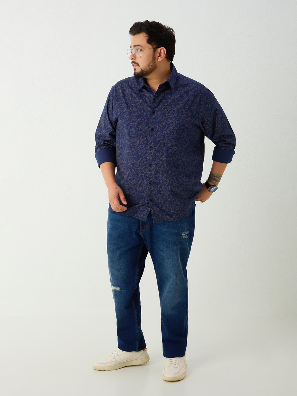Plus Size Cotton Printed 1 Pocket Regular Fit Smart Casual Shirt - Navy