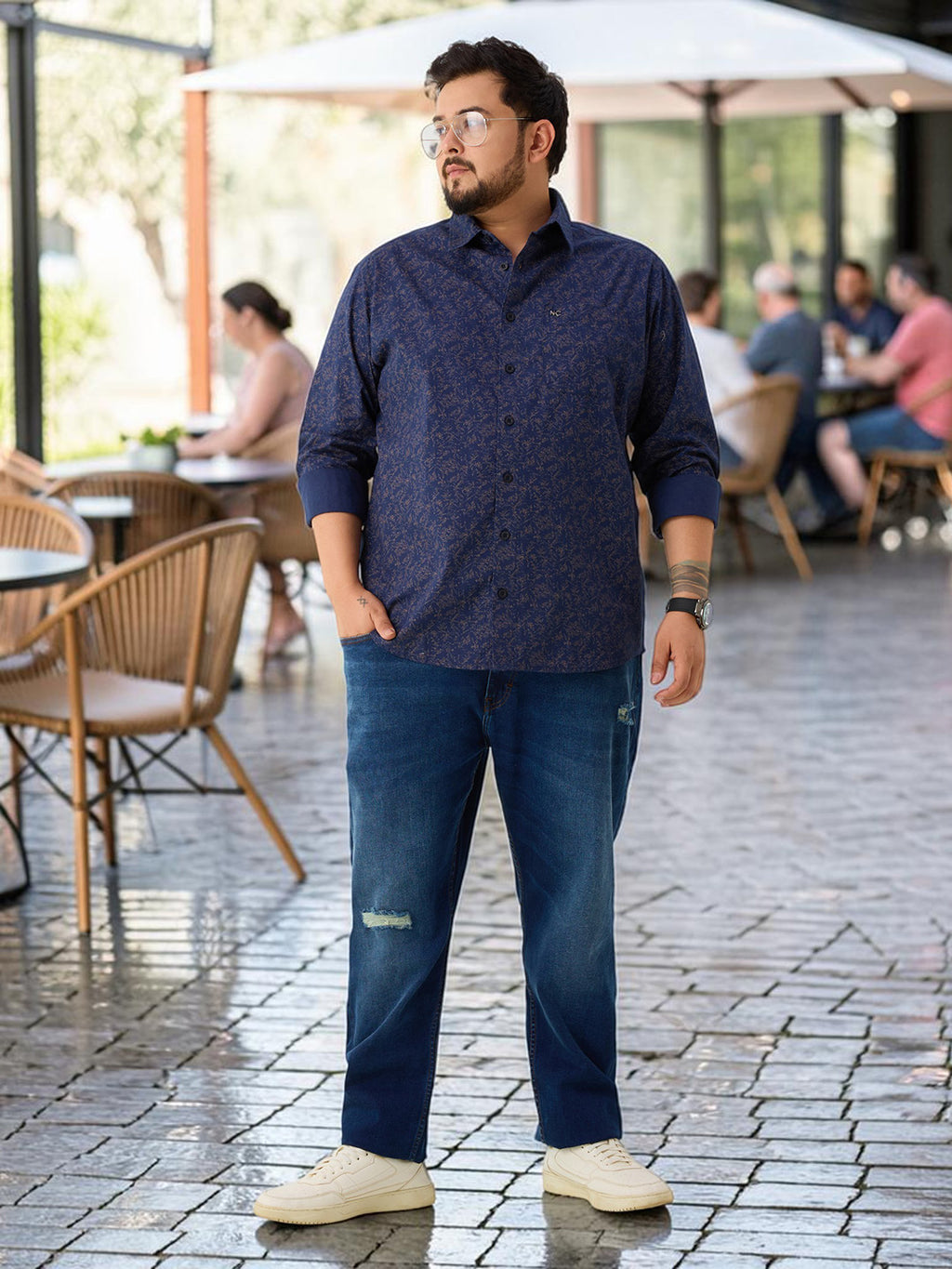 Plus Size Cotton Printed 1 Pocket Regular Fit Smart Casual Shirt - Navy