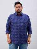 Plus Size Cotton Check 1 Pocket Regular Fit Smart Casual Shirt - Navy