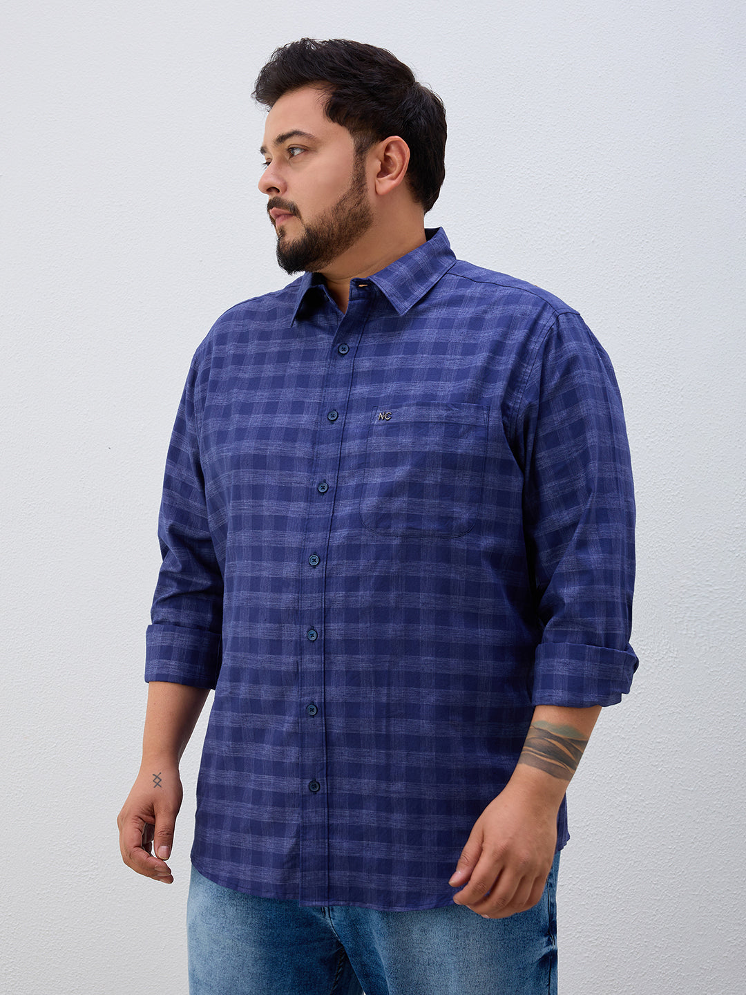 Plus Size Cotton Check 1 Pocket Regular Fit Smart Casual Shirt - Navy