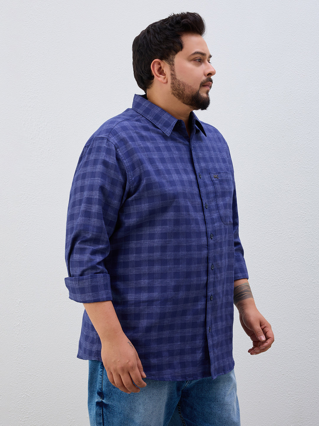 Plus Size Cotton Check 1 Pocket Regular Fit Smart Casual Shirt - Navy