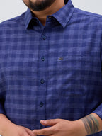 Plus Size Cotton Check 1 Pocket Regular Fit Smart Casual Shirt - Navy