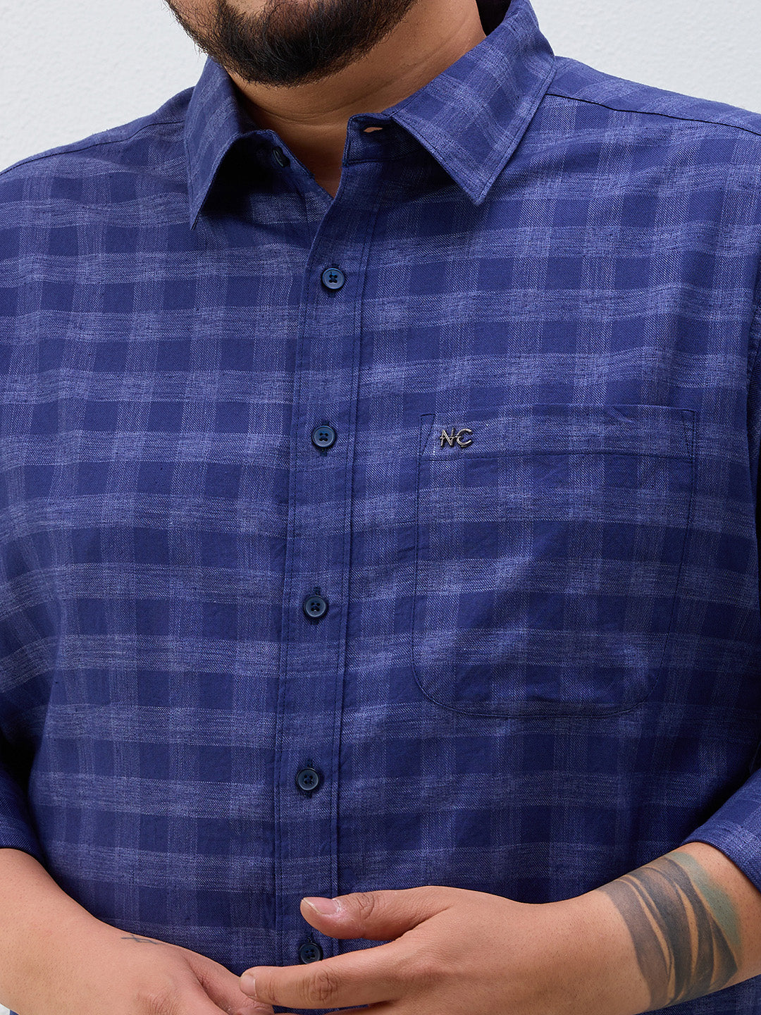 Plus Size Cotton Check 1 Pocket Regular Fit Smart Casual Shirt - Navy