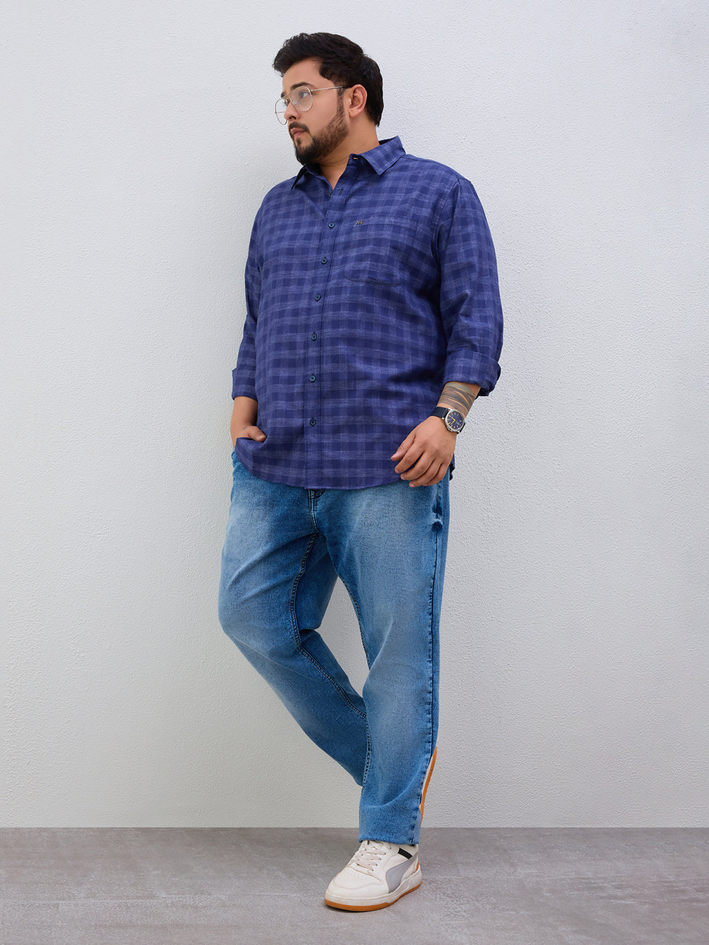 Plus Size Cotton Check 1 Pocket Regular Fit Smart Casual Shirt - Navy
