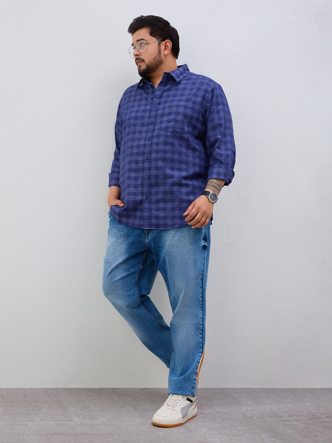 Plus Size Cotton Check 1 Pocket Regular Fit Smart Casual Shirt - Navy