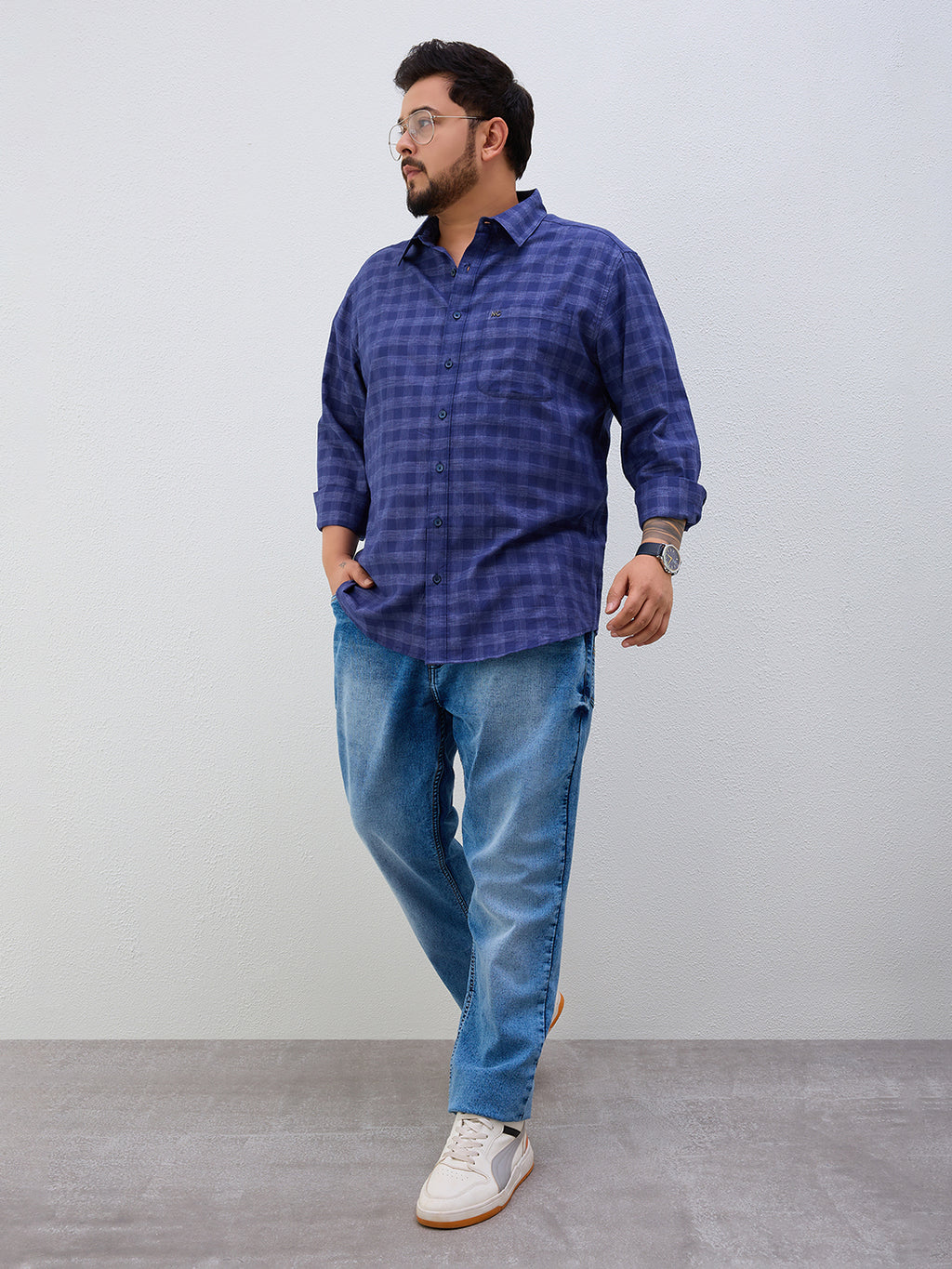 Plus Size Cotton Check 1 Pocket Regular Fit Smart Casual Shirt - Navy