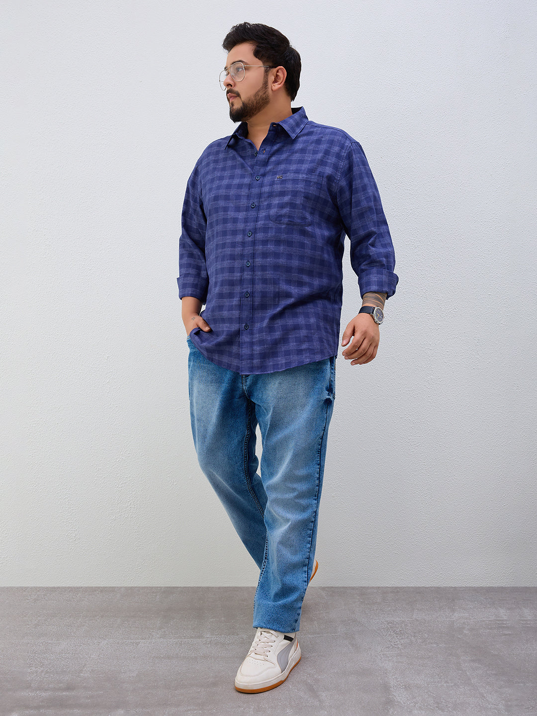 Plus Size Cotton Check 1 Pocket Regular Fit Smart Casual Shirt - Navy