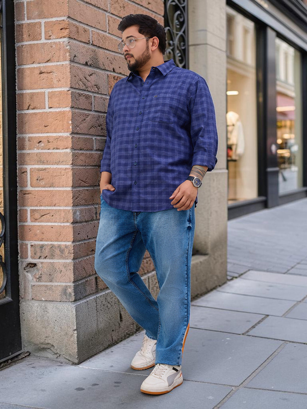 Plus Size Cotton Check 1 Pocket Regular Fit Smart Casual Shirt - Navy
