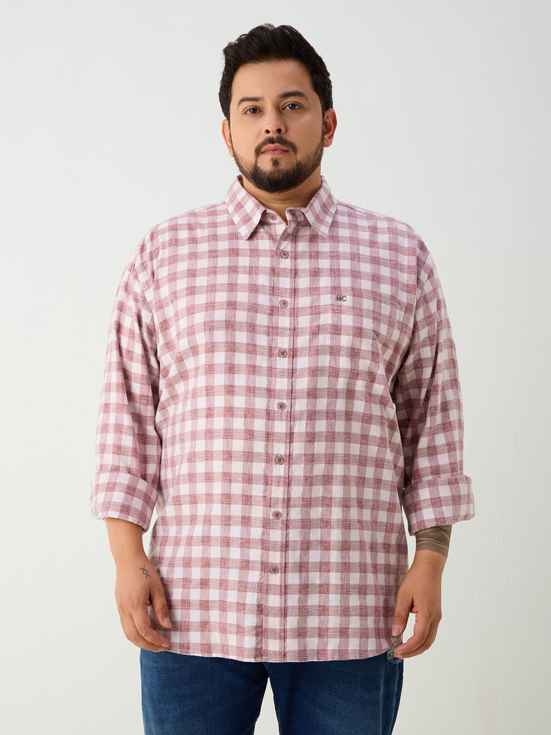 Plus Size Cotton Check 1 Pocket Regular Fit Smart Casual Shirt - Brown