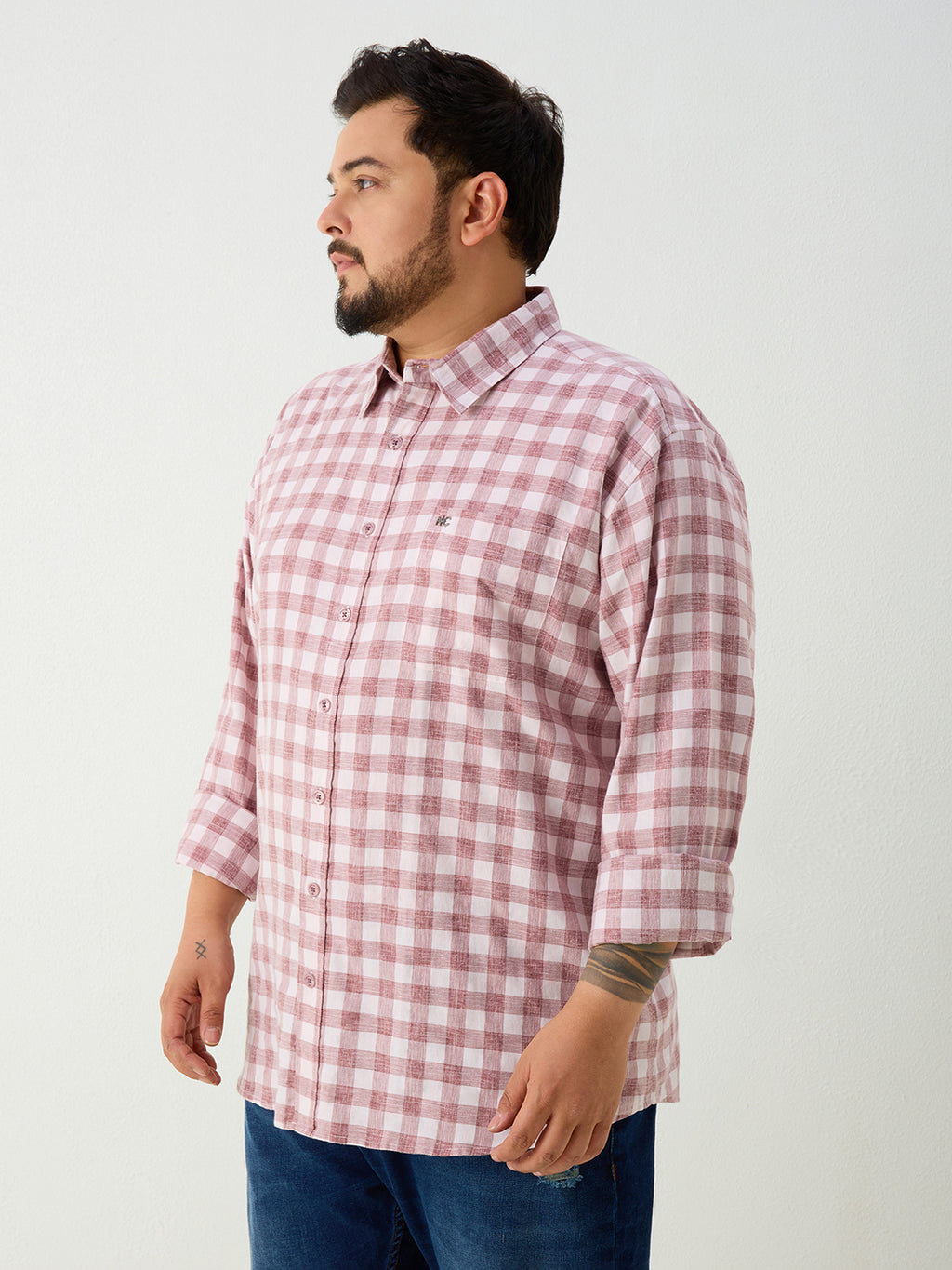 Plus Size Cotton Check 1 Pocket Regular Fit Smart Casual Shirt - Brown