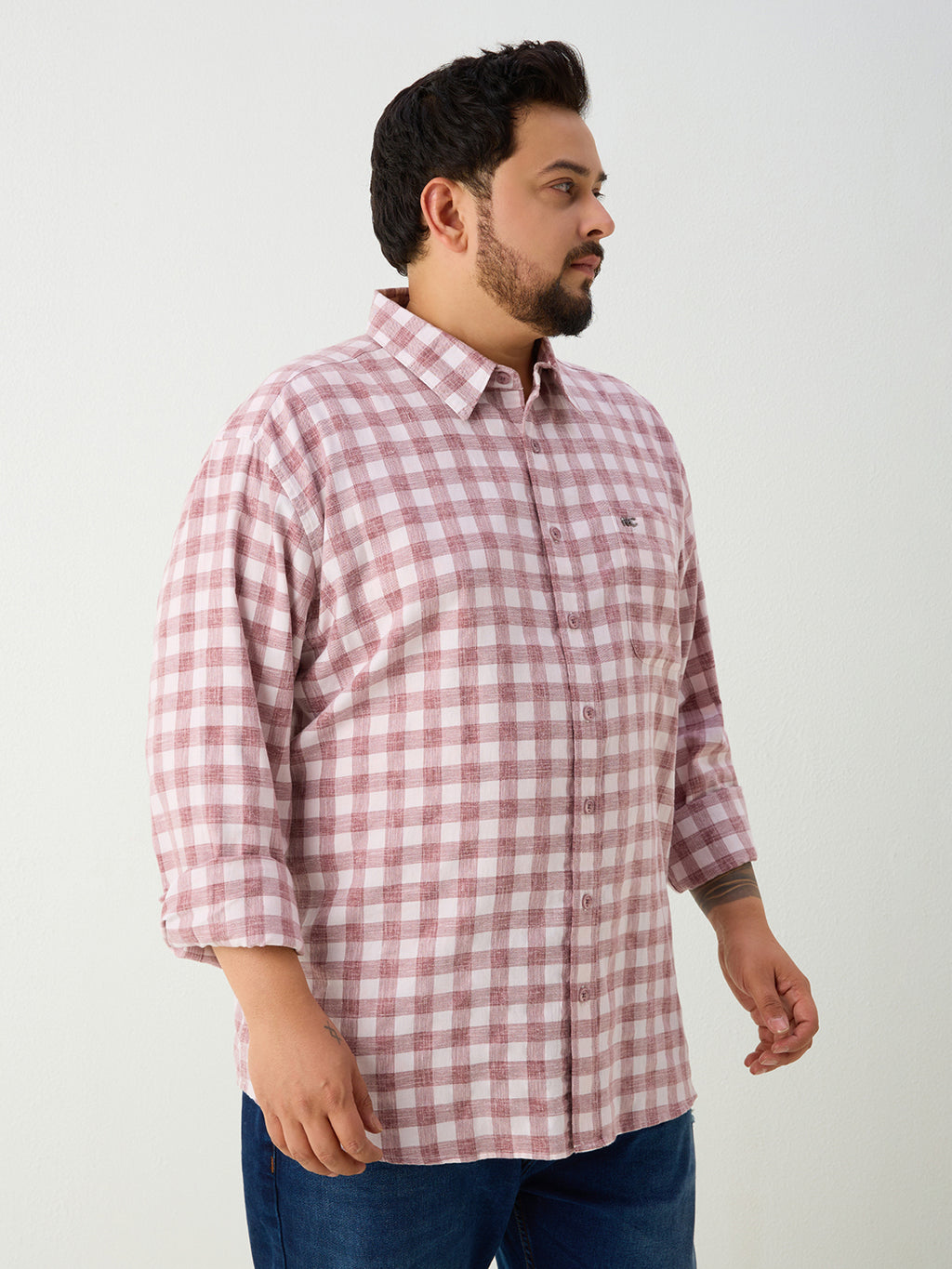 Plus Size Cotton Check 1 Pocket Regular Fit Smart Casual Shirt - Brown