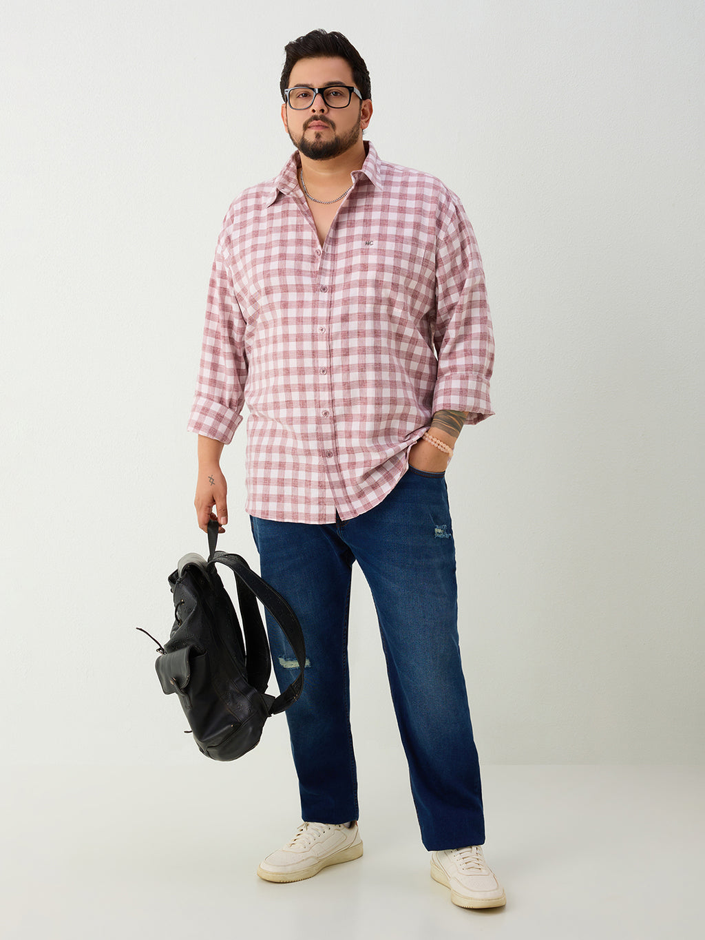 Plus Size Cotton Check 1 Pocket Regular Fit Smart Casual Shirt - Brown