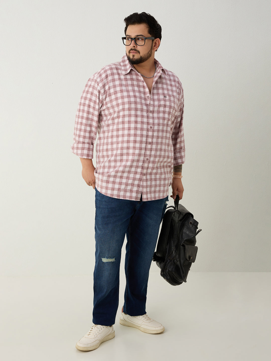 Plus Size Cotton Check 1 Pocket Regular Fit Smart Casual Shirt - Brown