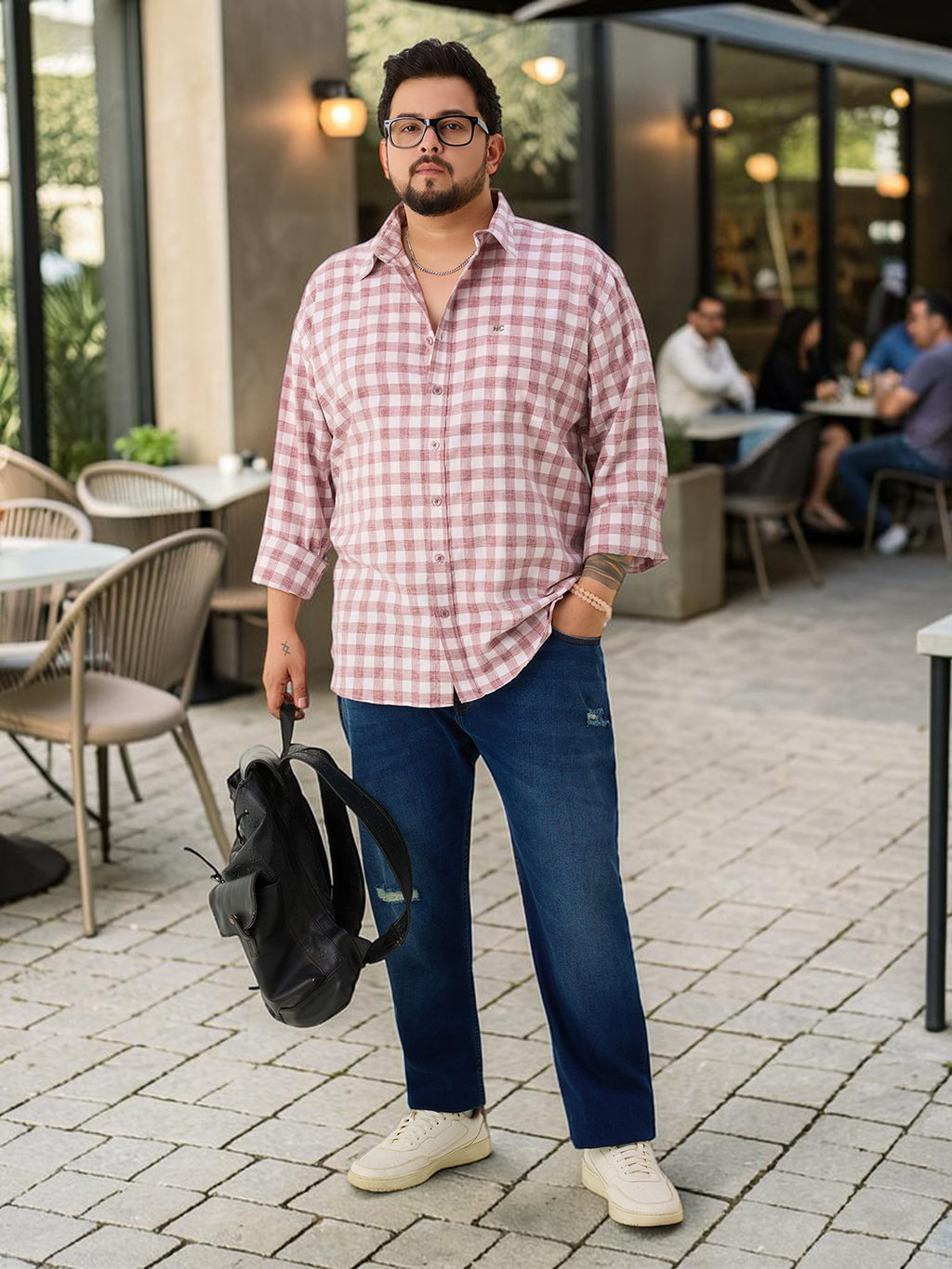Plus Size Cotton Check 1 Pocket Regular Fit Smart Casual Shirt - Brown