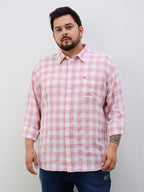 Plus Size Cotton Check 1 Pocket Regular Fit Smart Casual Shirt - Peach