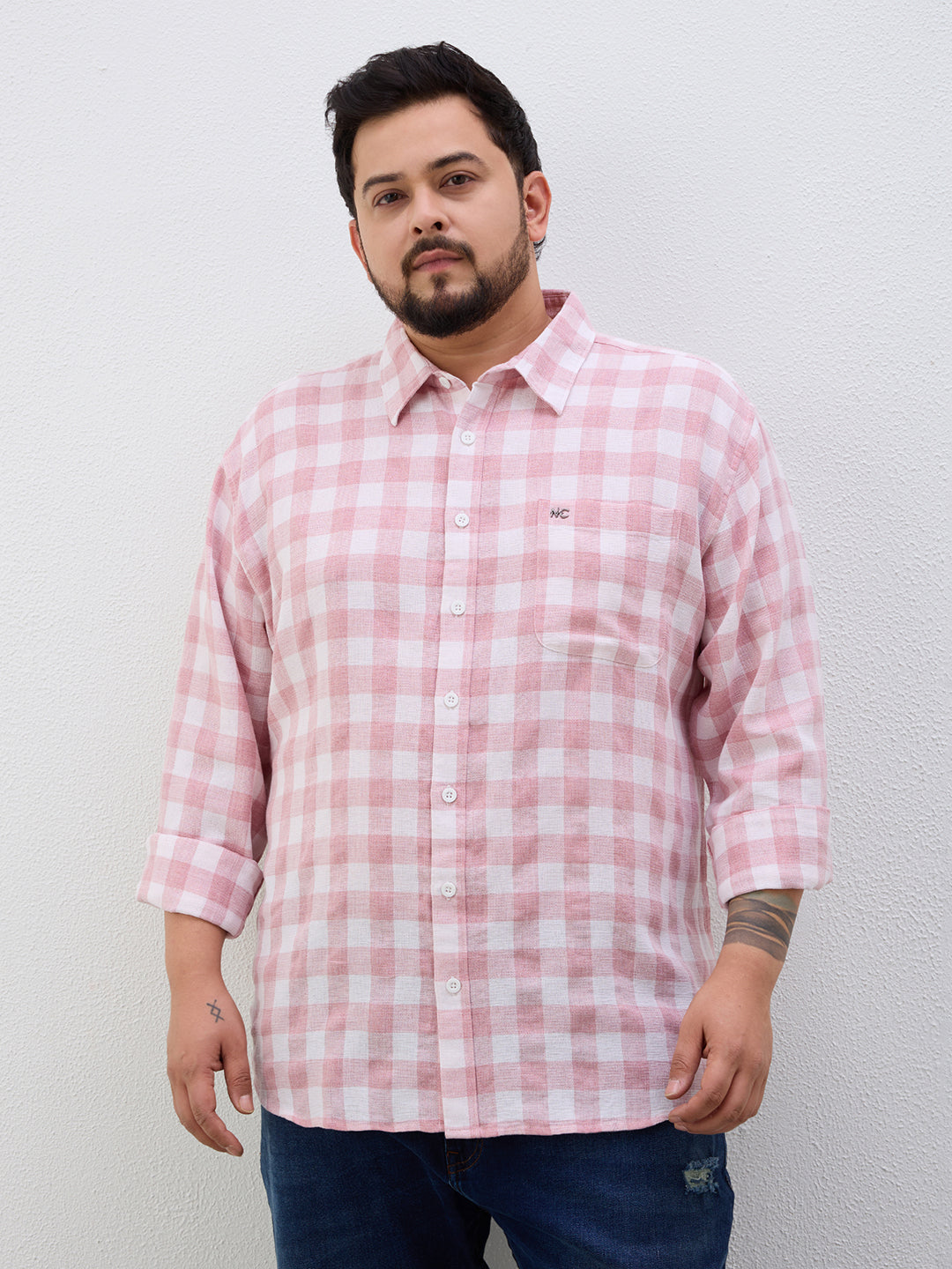 Plus Size Cotton Check 1 Pocket Regular Fit Smart Casual Shirt - Peach