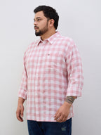 Plus Size Cotton Check 1 Pocket Regular Fit Smart Casual Shirt - Peach