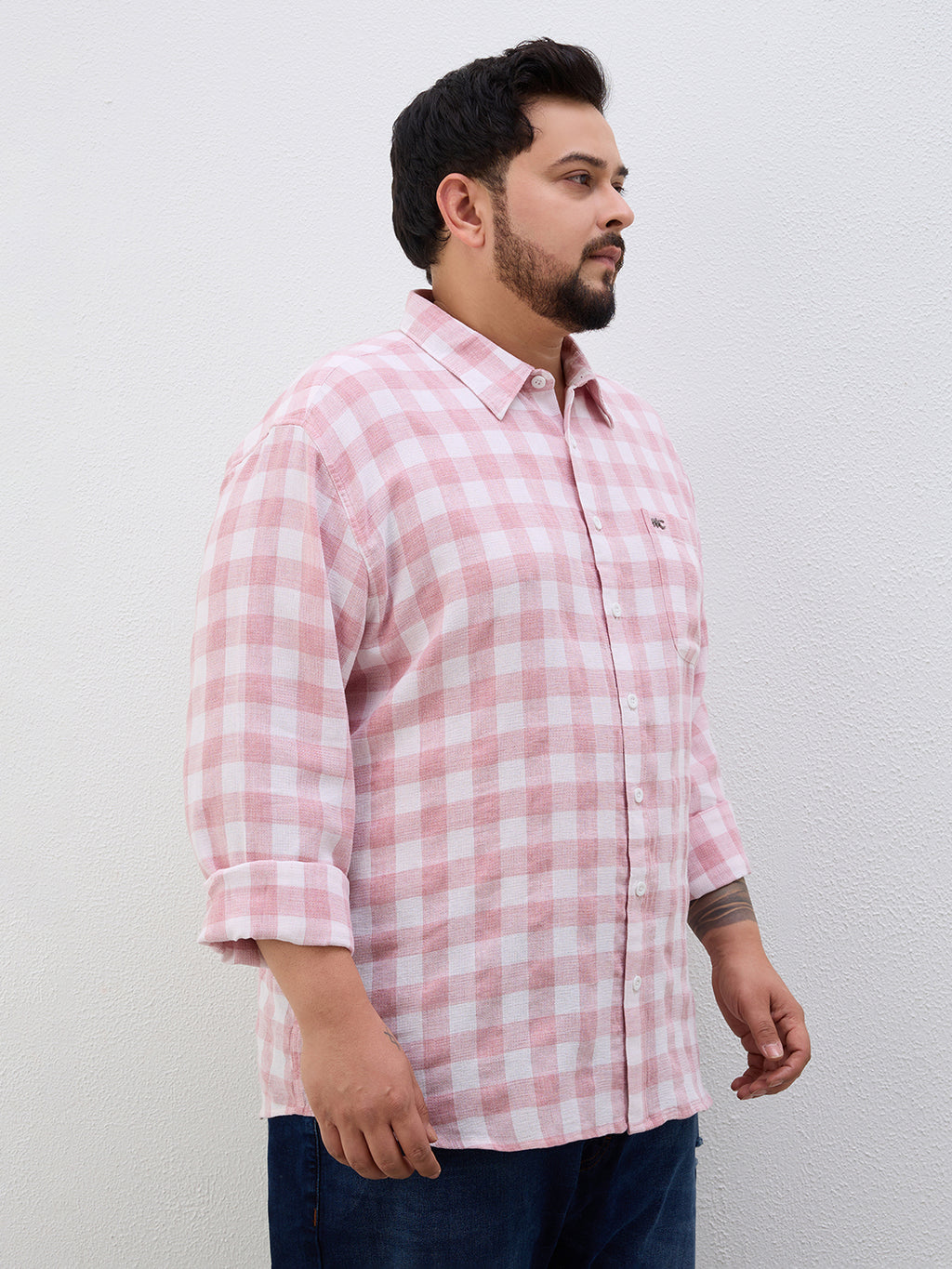 Plus Size Cotton Check 1 Pocket Regular Fit Smart Casual Shirt - Peach