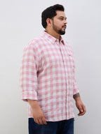 Plus Size Cotton Check 1 Pocket Regular Fit Smart Casual Shirt - Peach
