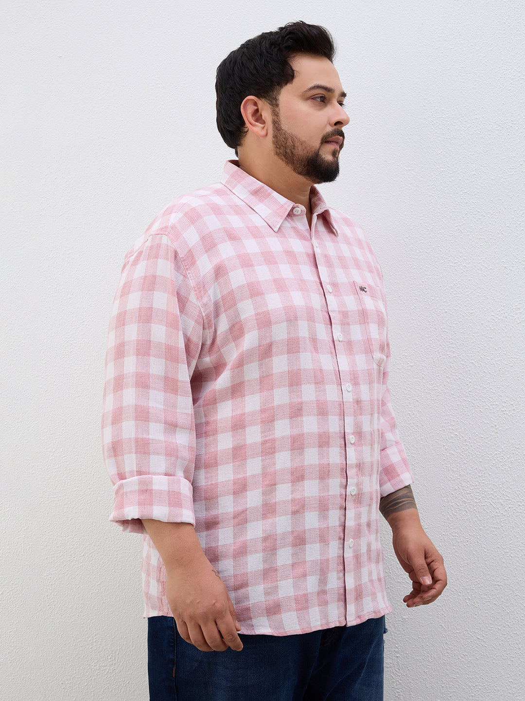 Plus Size Cotton Check 1 Pocket Regular Fit Smart Casual Shirt - Peach