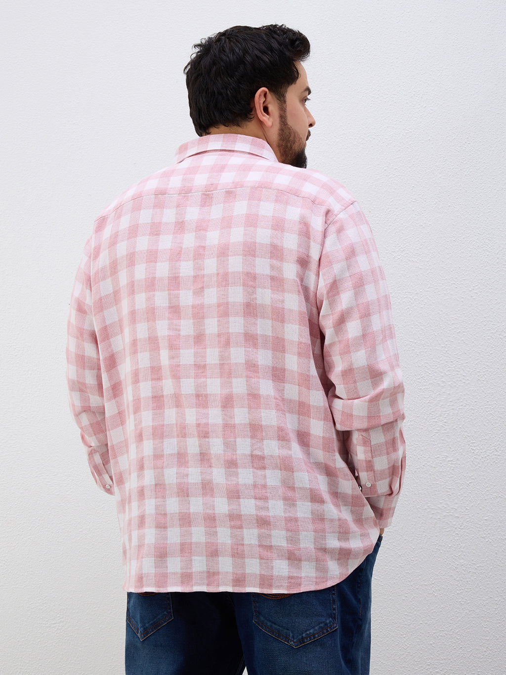 Plus Size Cotton Check 1 Pocket Regular Fit Smart Casual Shirt - Peach