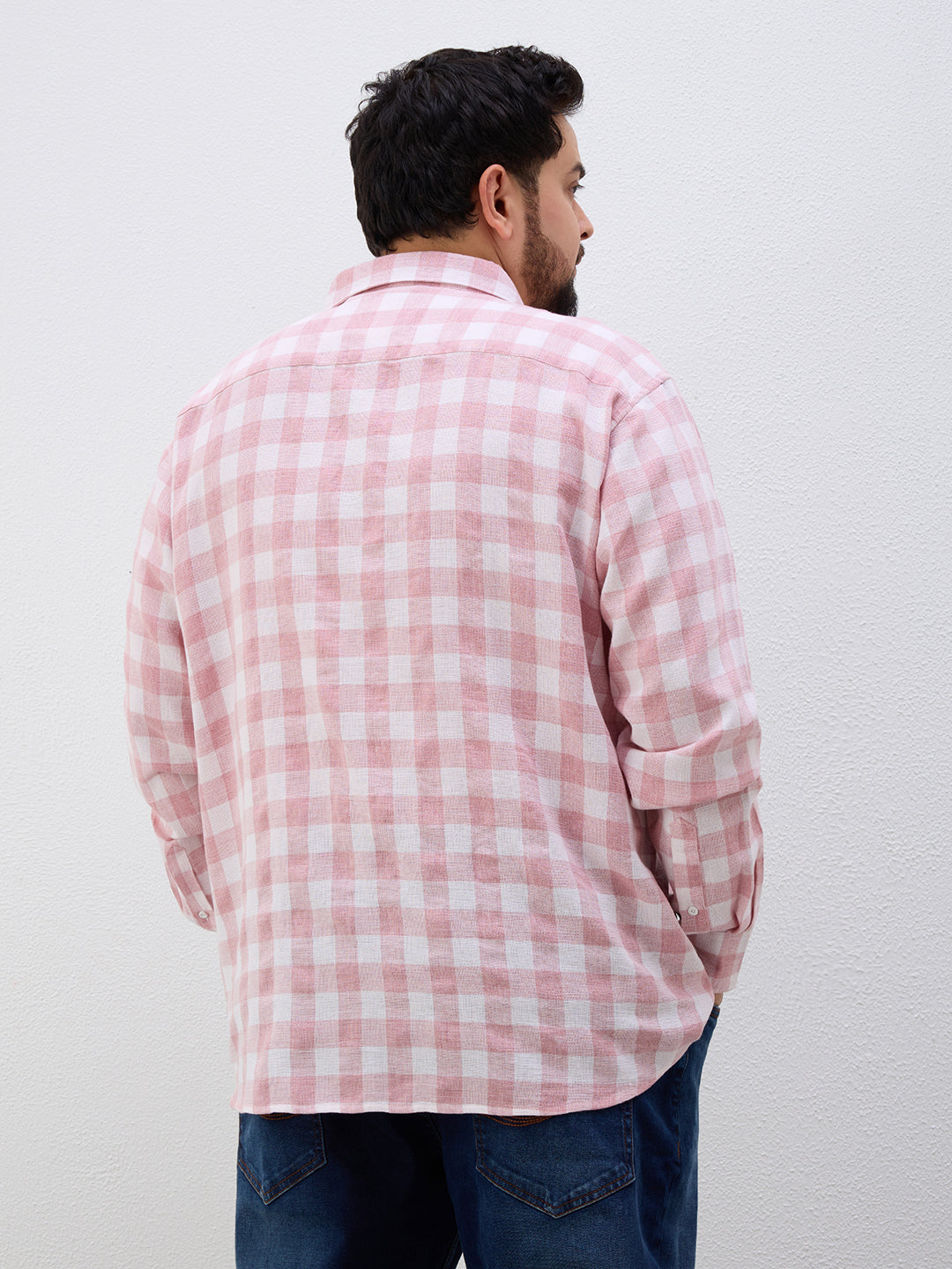 Plus Size Cotton Check 1 Pocket Regular Fit Smart Casual Shirt - Peach