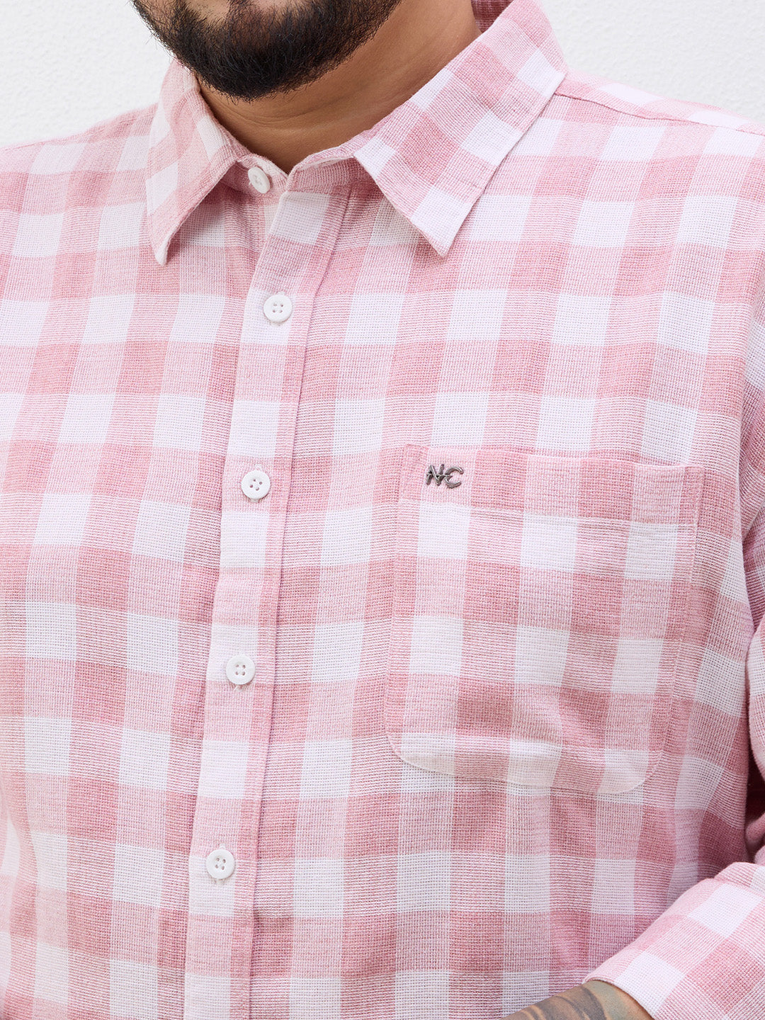 Plus Size Cotton Check 1 Pocket Regular Fit Smart Casual Shirt - Peach