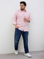 Plus Size Cotton Check 1 Pocket Regular Fit Smart Casual Shirt - Peach