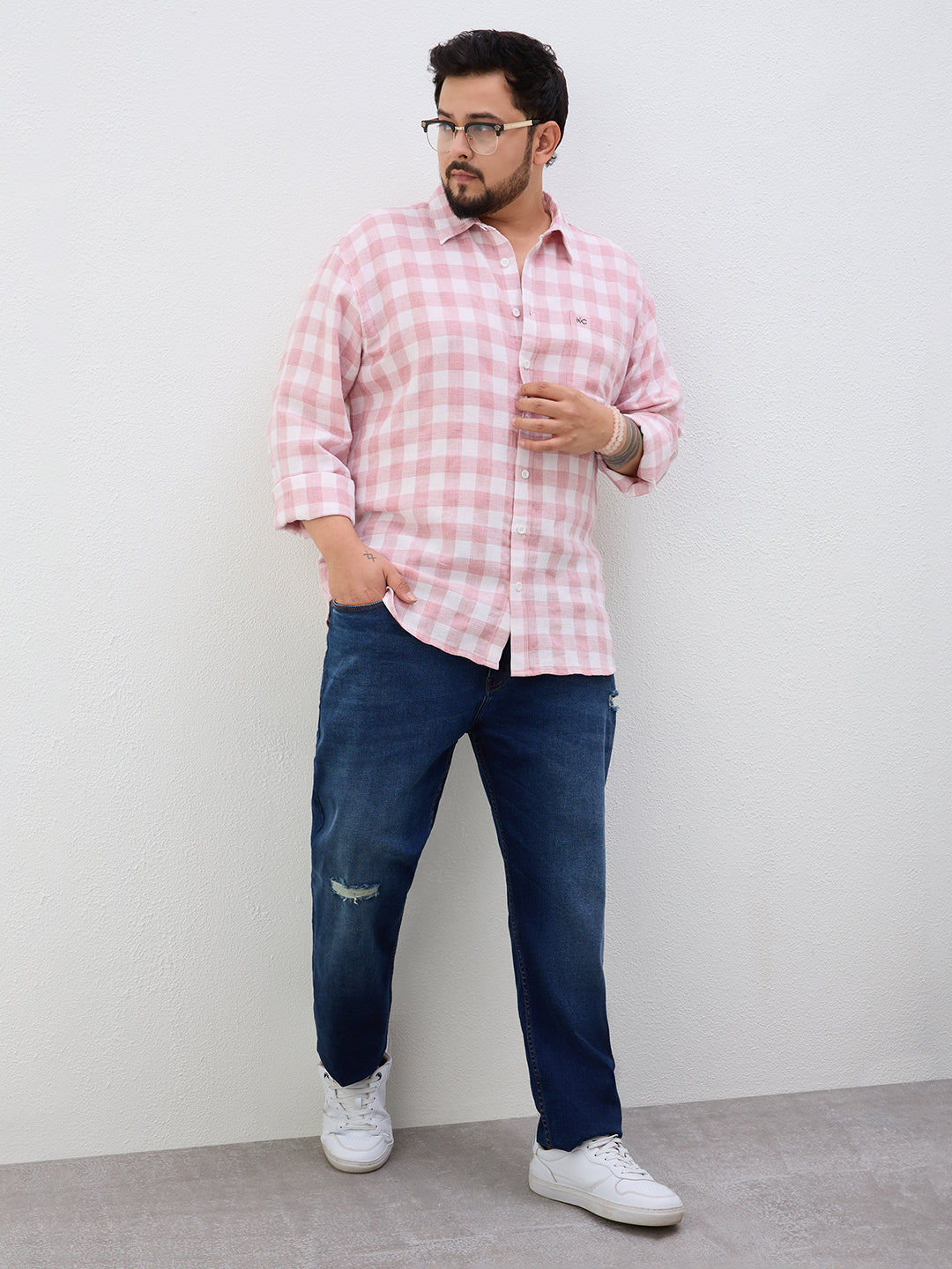 Plus Size Cotton Check 1 Pocket Regular Fit Smart Casual Shirt - Peach