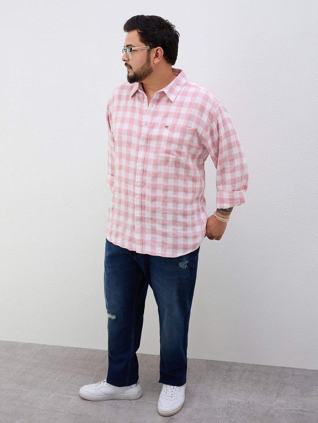 Plus Size Cotton Check 1 Pocket Regular Fit Smart Casual Shirt - Peach