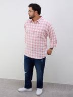 Plus Size Cotton Check 1 Pocket Regular Fit Smart Casual Shirt - Peach