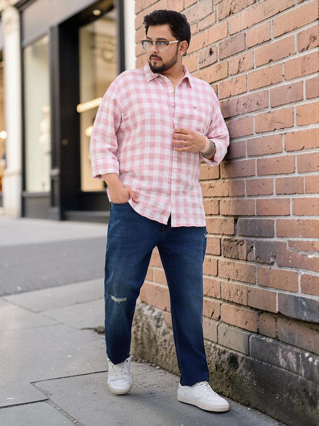 Plus Size Cotton Check 1 Pocket Regular Fit Smart Casual Shirt - Peach
