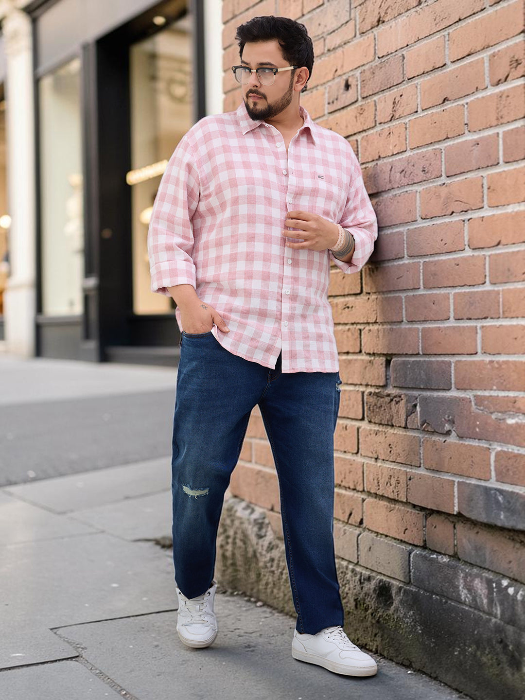 Plus Size Cotton Check 1 Pocket Regular Fit Smart Casual Shirt - Peach