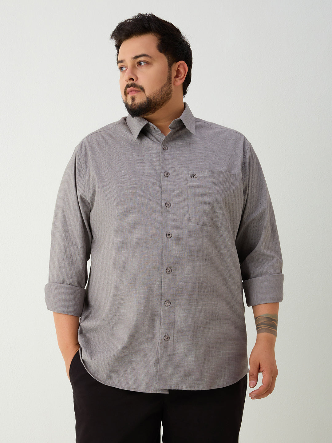 Plus Size Cotton 1 Pocket Regular Fit Smart Casual Shirt - Grey