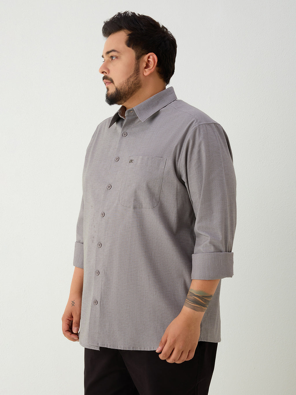 Plus Size Cotton 1 Pocket Regular Fit Smart Casual Shirt - Grey