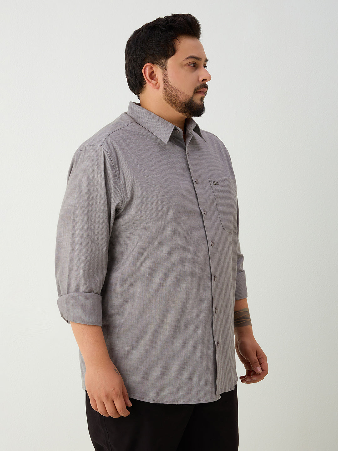 Plus Size Cotton 1 Pocket Regular Fit Smart Casual Shirt - Grey