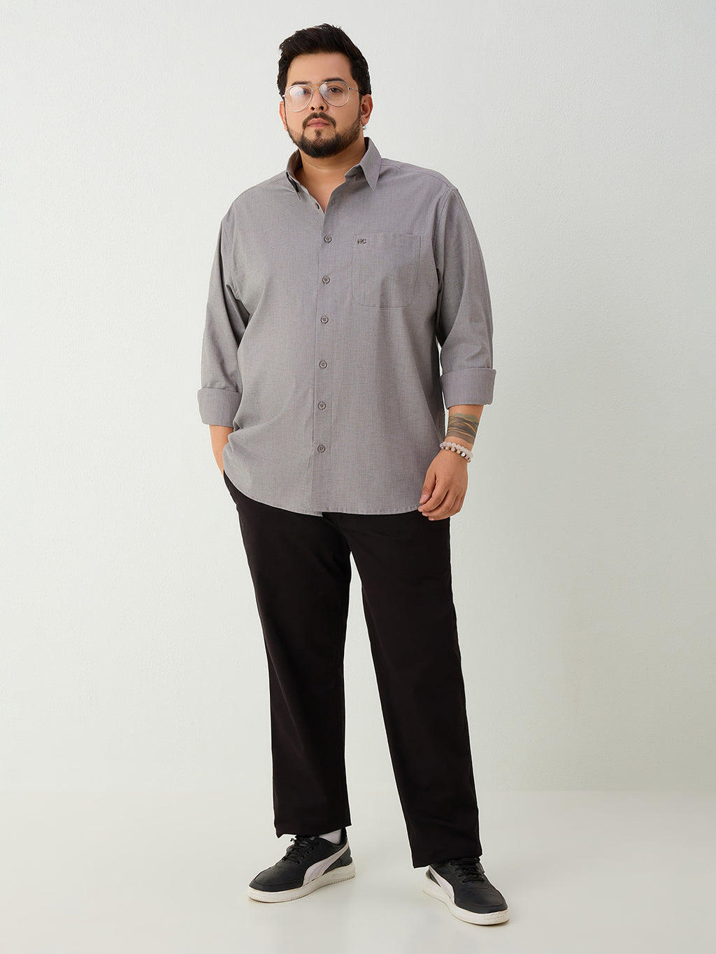 Plus Size Cotton 1 Pocket Regular Fit Smart Casual Shirt - Grey